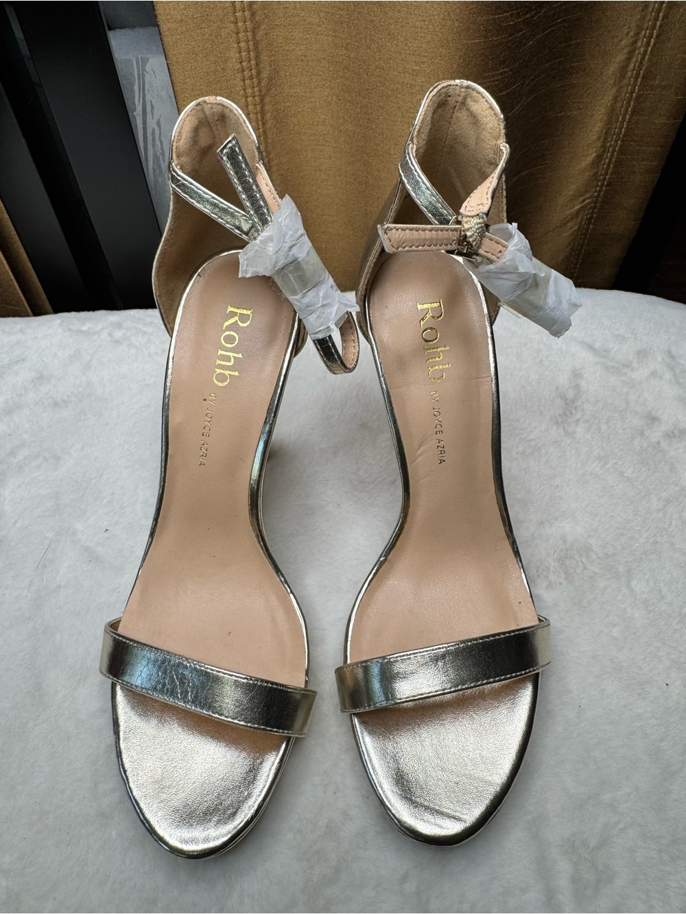 Rohb by Joyce Azria Metallic Gold Stiletto Heels Sz 7Open Toe High Heel Sandals - Picture 8 of 10